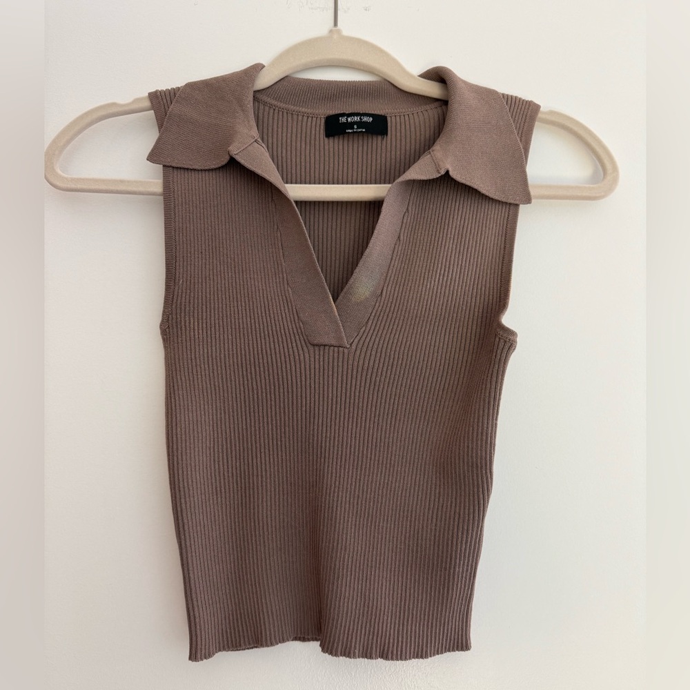 The Work Shop Small Light Brown Knit Sleeveless Collared Top Size S